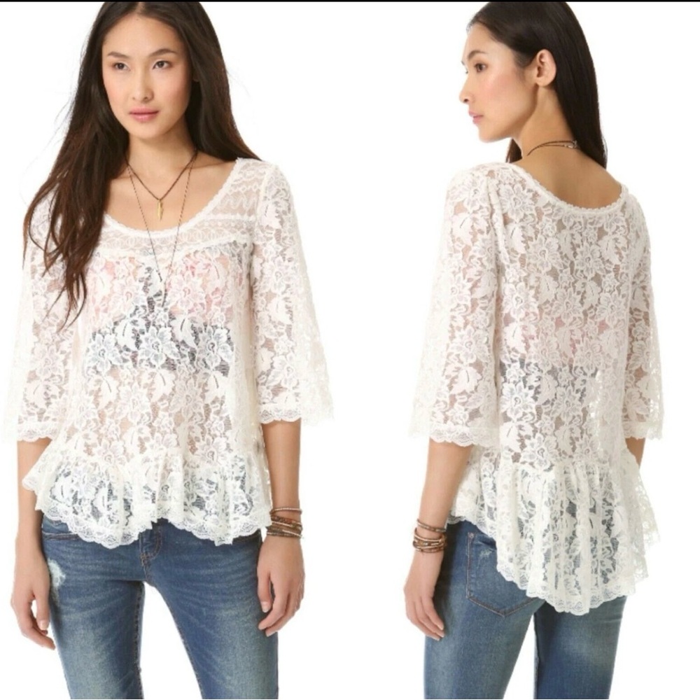 Free People Sheer Lace Tunic Shirt Top White Sz Small Whimsigoth Boho Gypsy